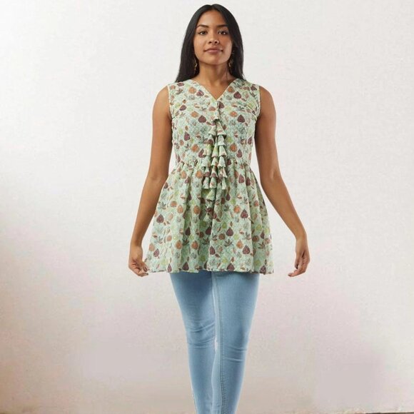 Light Green Printed Short Top with Latkans | Muvvas Boutique - Picture 3 of 5